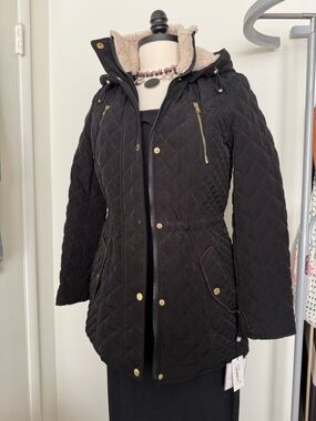 Sunday Best Black Quilted Hooded Puffer with Sherpa Trim Laundry by Shelli Segal